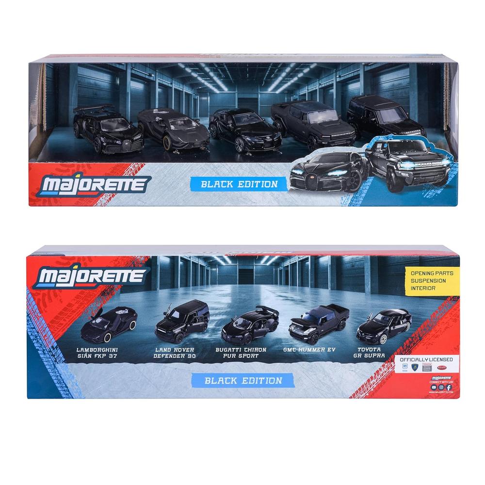 Set of 5 Licensed Majorette Diecast Cars (Black Edition) -  Bugatti Chiron Pur Sport, Lamborghini Sián FKP 37, Toyota GR Supra, Land Rover Defender 90, GMC Hummer EV