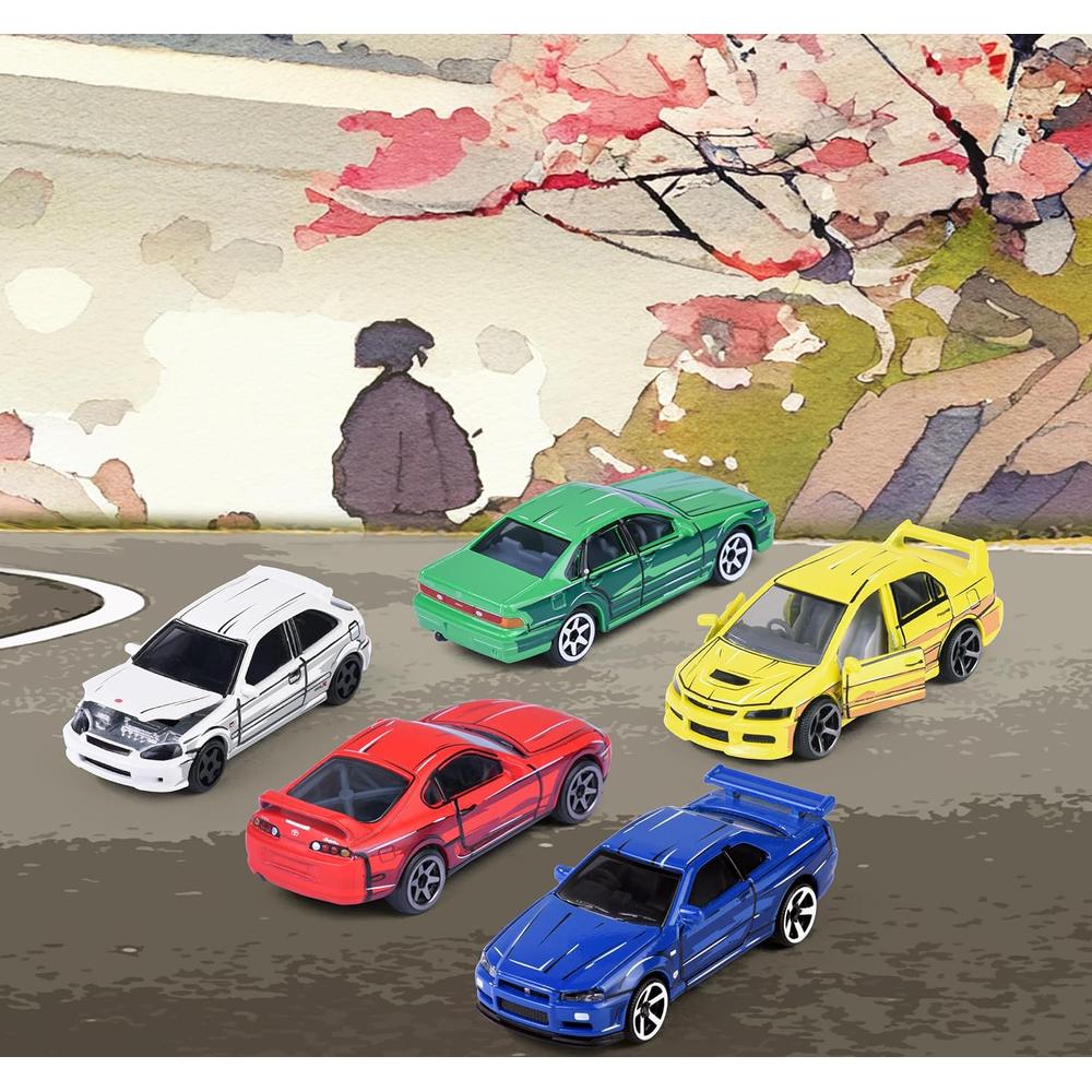 Set of 5 Licensed Majorette Diecast Cars (JDM Legends) - Honda Civic Type R EK9, Nissan Cefiro A31, Nissan Skyline GT-R R34, Toyota Supra JZA80, Mitsubishi Lancer Evolution 9