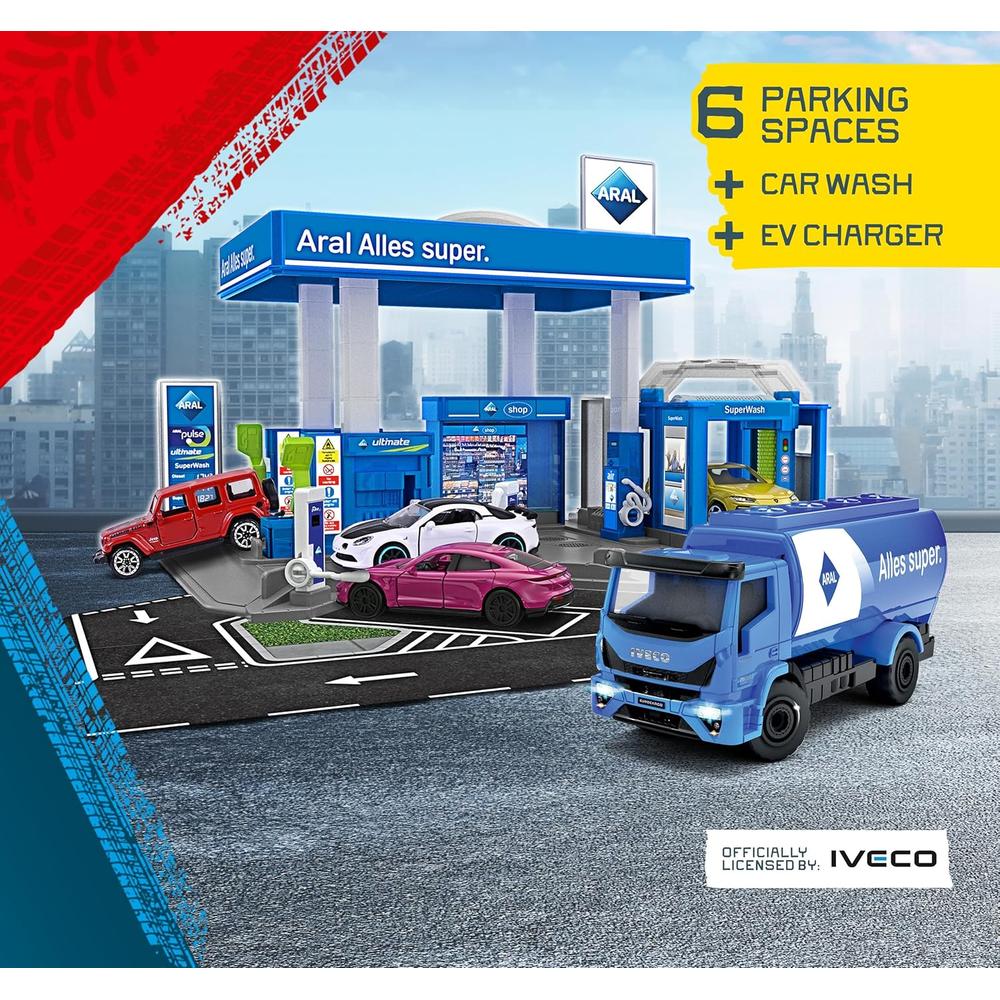 Original Licensed Majorette ARAL Petrol Station Playset with Fuel Tanker | 6 Parking Spaces, Car Wash & EV Charger