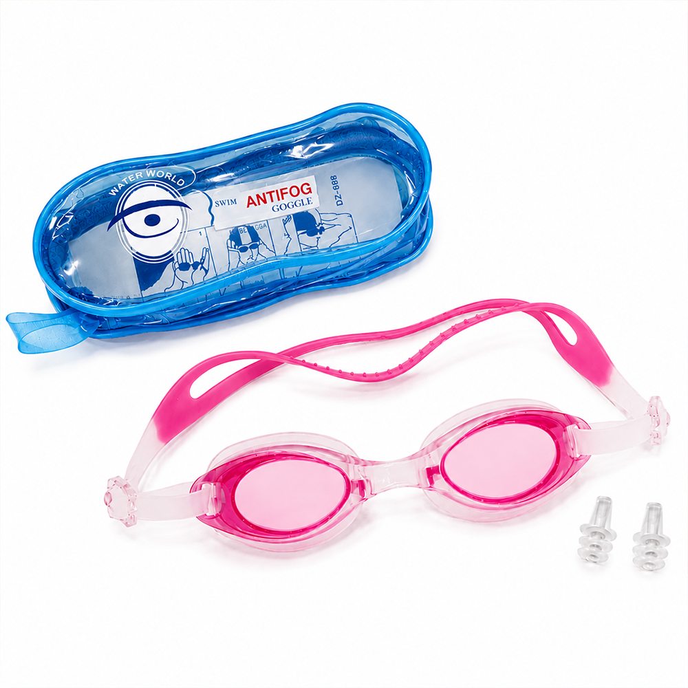 KriTech UV Protection Anti-fog Slip Resistant Swimming Goggles with Ear Plugs | Size: M |  5-15 Years | Pink
