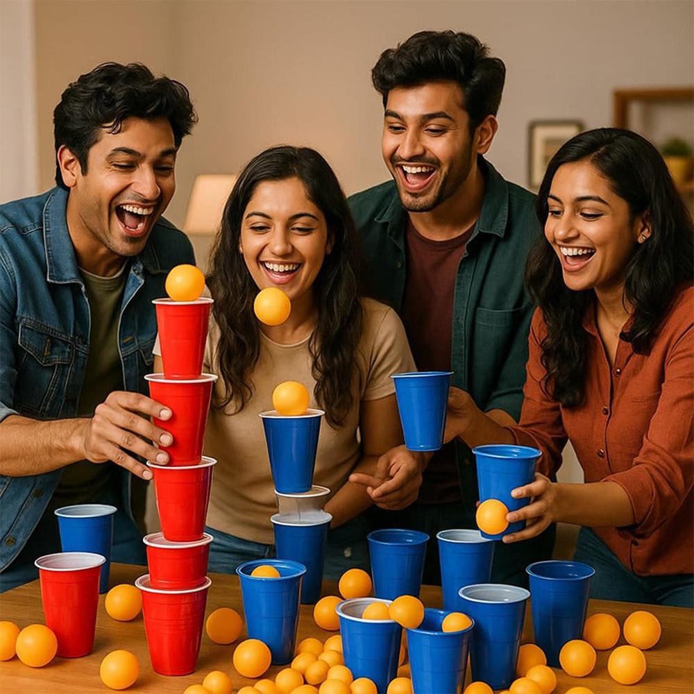 Hop N Play Party Kit - 24 Large Red & Blue Cups with 24 Ping Pong Balls (Grown Ups)