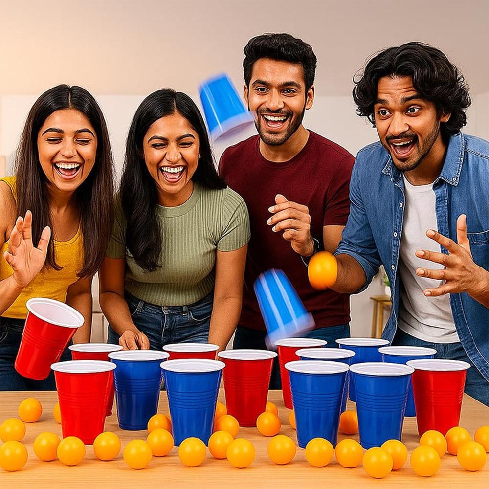 Hop N Play Party Kit - 24 Large Red & Blue Cups with 24 Ping Pong Balls (Grown Ups)