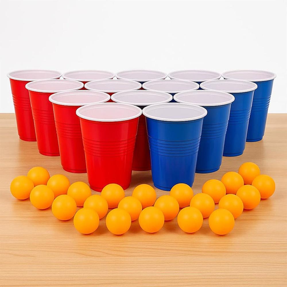 Hop N Play Party Kit - 24 Large Red & Blue Cups with 24 Ping Pong Balls (Grown Ups)
