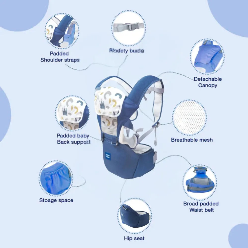 Mee Mee 8 in 1 Advanced Baby Bliss Sling Baby Carrier with Hip Seat - Blue | Ergonomic, Breathable & Convertible Baby Carrier