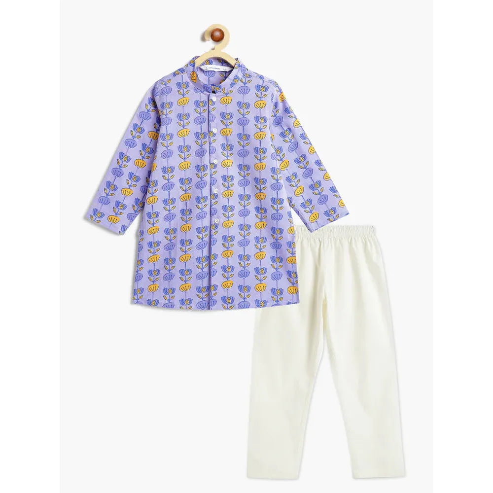 Campana Mrinal Button Down Kurta Pyjama Set for Boys - Floral Block Print | Blue & Yellow