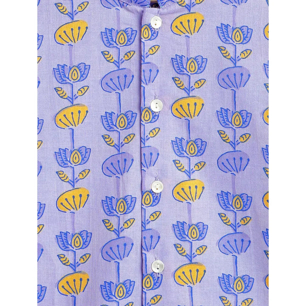 Campana Mrinal Button Down Kurta Pyjama Set for Boys - Floral Block Print | Blue & Yellow
