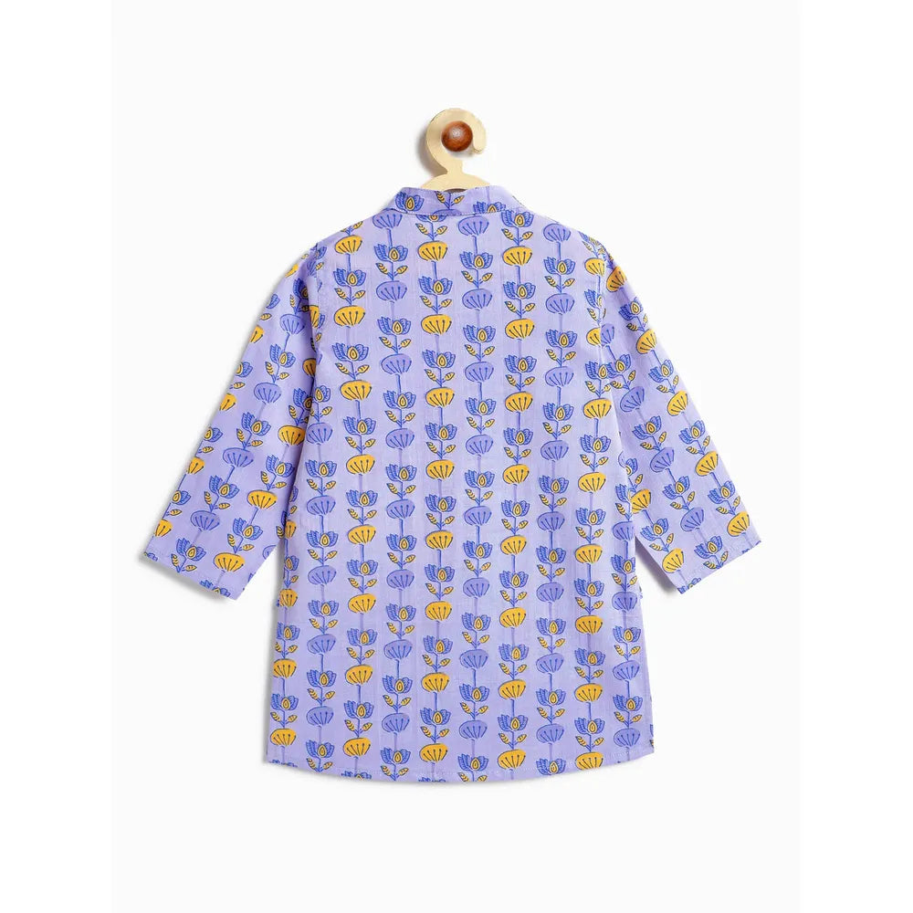 Campana Mrinal Button Down Kurta Pyjama Set for Boys - Floral Block Print | Blue & Yellow