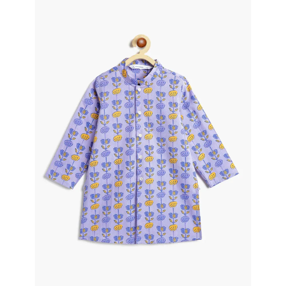 Campana Mrinal Button Down Kurta Pyjama Set for Boys - Floral Block Print | Blue & Yellow