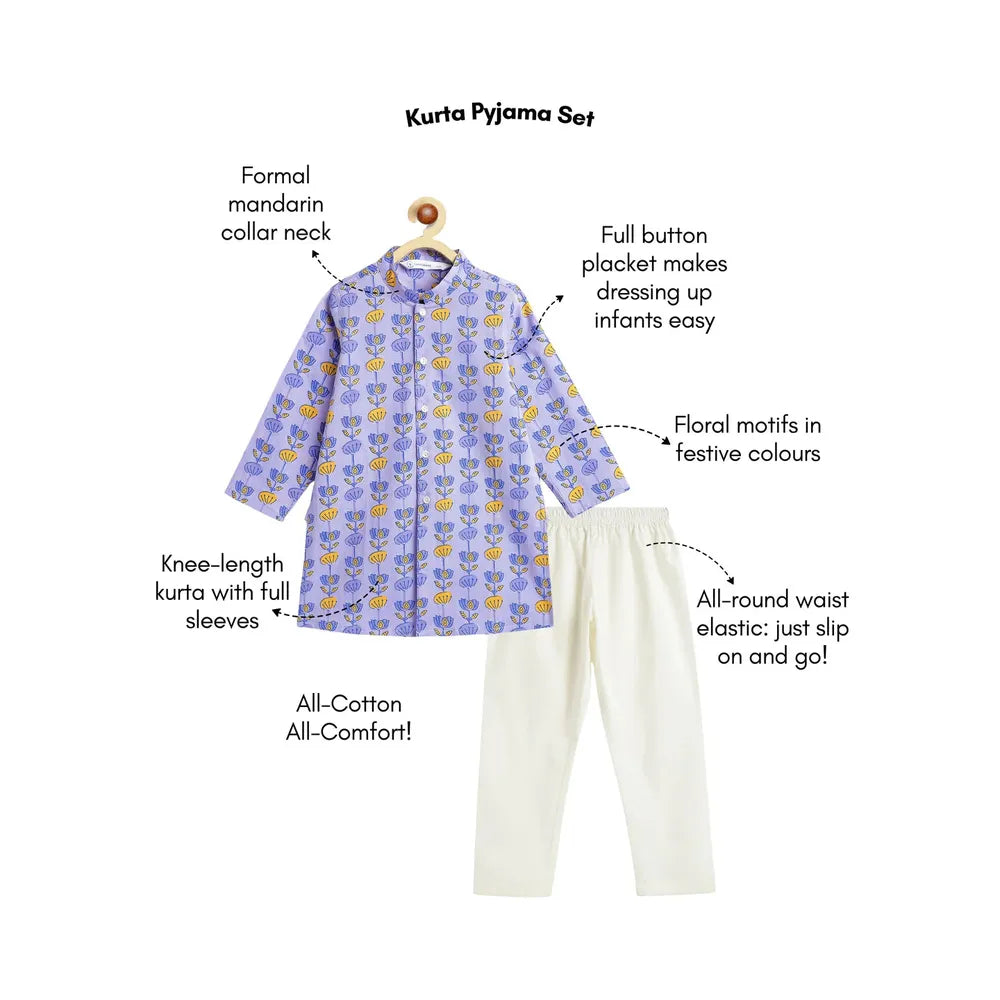 Campana Mrinal Button Down Kurta Pyjama Set for Boys - Floral Block Print | Blue & Yellow