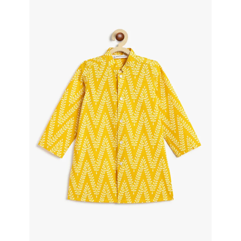 Campana Mrinal Button Down Kurta Pyjama Set for Boys - Chevron Print | Yellow & White