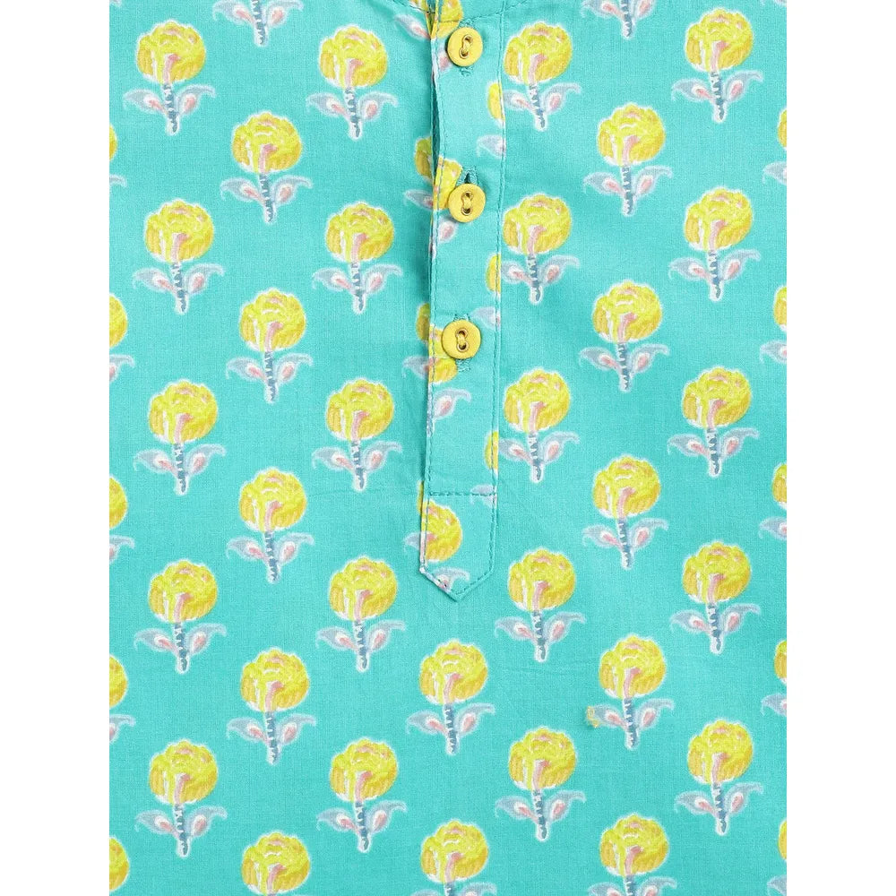 Campana Bansi Dhoti Kurta Set for Boys - Campana Boys Bansi Dhoti Kurta Set - Floral Blockprint | Turquoise Blue & Yellow