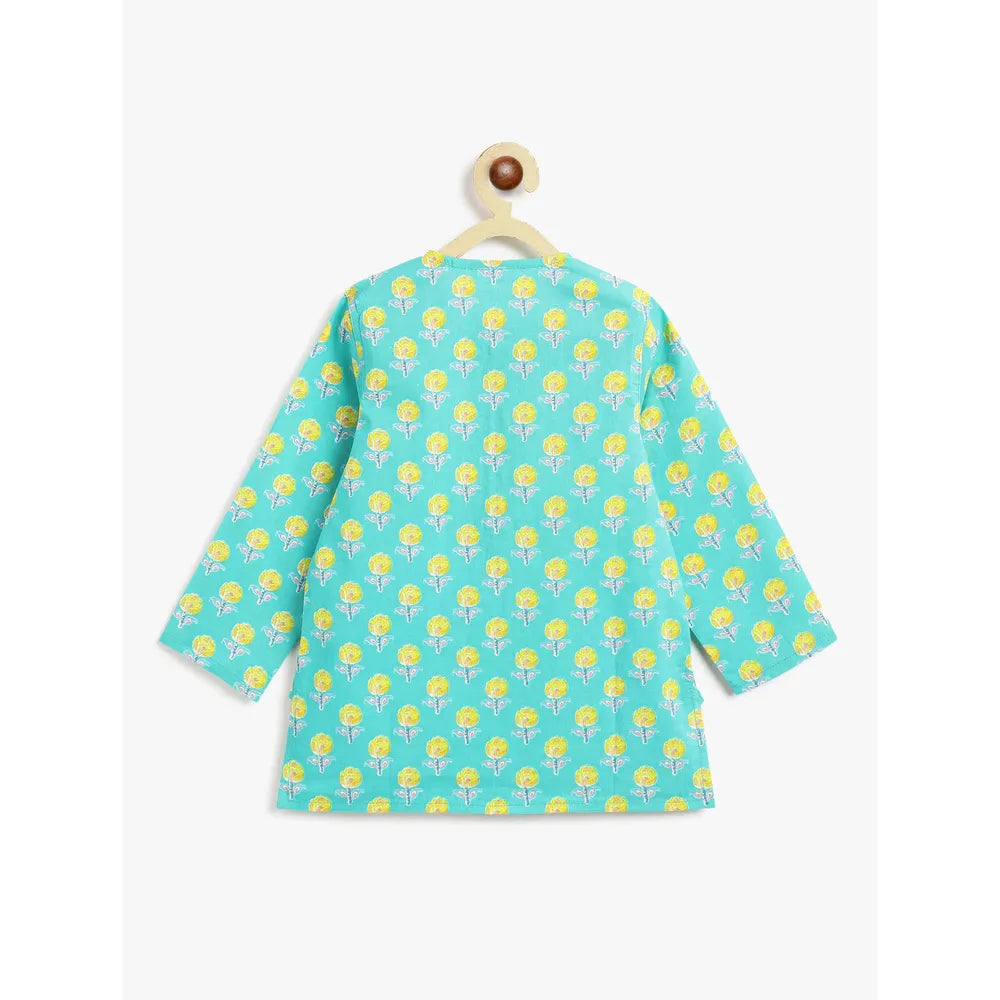 Campana Bansi Dhoti Kurta Set for Boys - Campana Boys Bansi Dhoti Kurta Set - Floral Blockprint | Turquoise Blue & Yellow