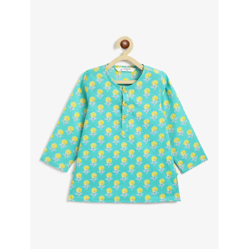 Campana Bansi Dhoti Kurta Set for Boys - Campana Boys Bansi Dhoti Kurta Set - Floral Blockprint | Turquoise Blue & Yellow