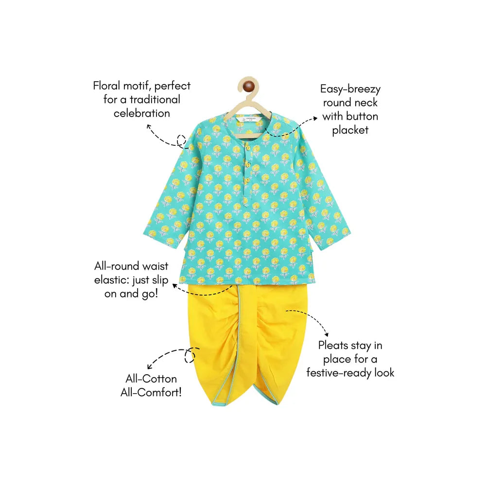 Campana Bansi Dhoti Kurta Set for Boys - Campana Boys Bansi Dhoti Kurta Set - Floral Blockprint | Turquoise Blue & Yellow
