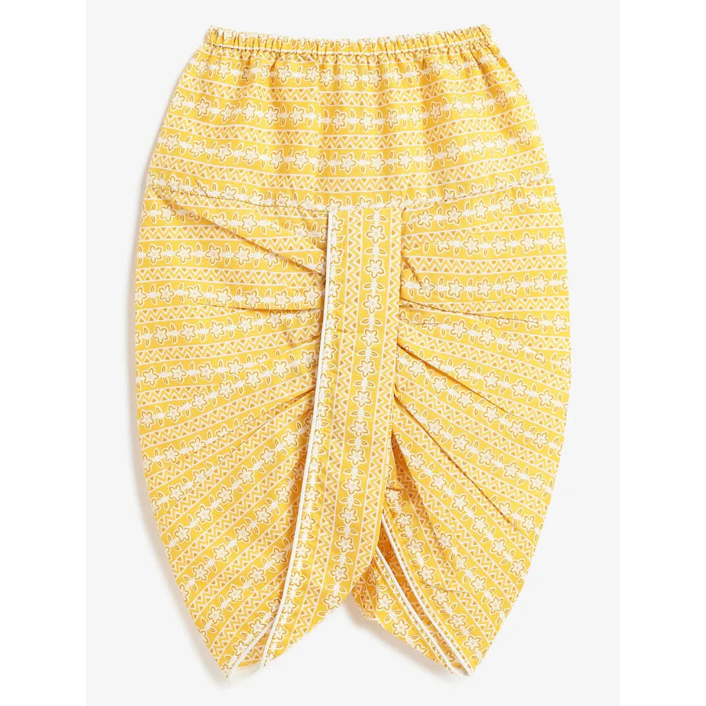Campana Boys Bansi Floral Printed Cotton Kurta Dhoti Set | Yellow & Off White