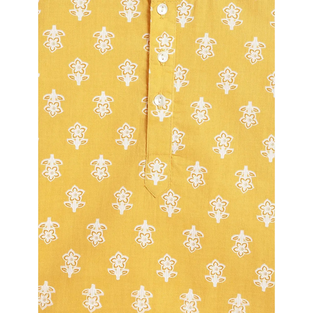 Campana Boys Bansi Floral Printed Cotton Kurta Dhoti Set | Yellow & Off White