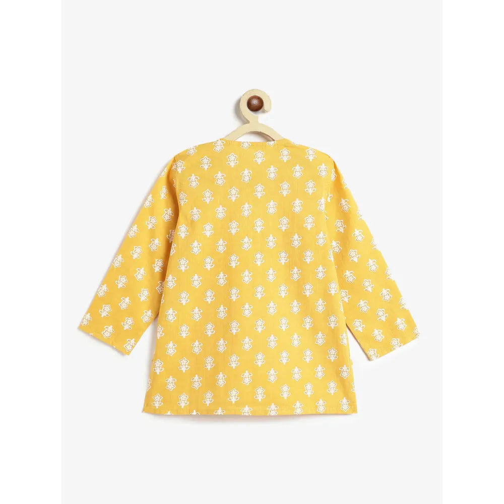 Campana Boys Bansi Floral Printed Cotton Kurta Dhoti Set | Yellow & Off White