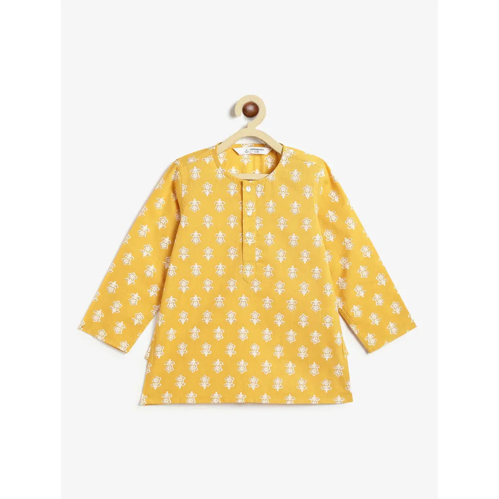 Campana Boys Bansi Floral Printed Cotton Kurta Dhoti Set | Yellow & Off White