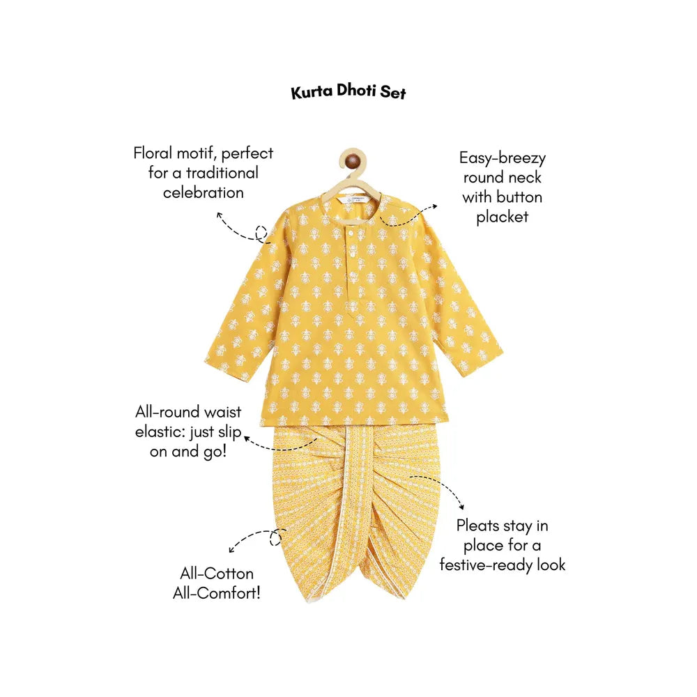 Campana Boys Bansi Floral Printed Cotton Kurta Dhoti Set | Yellow & Off White