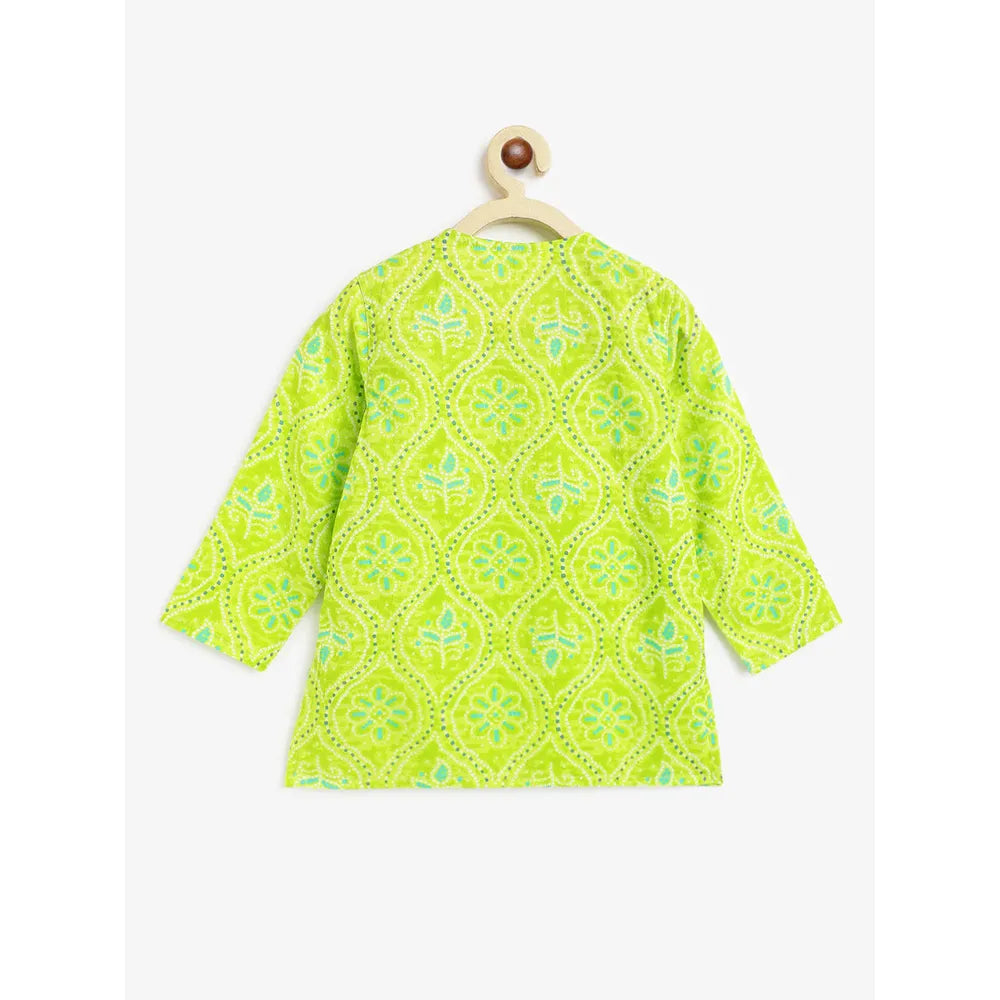 Campana Bansi Dhoti Kurta Set for Boys - Bandhini Print | Lime Green & Blue