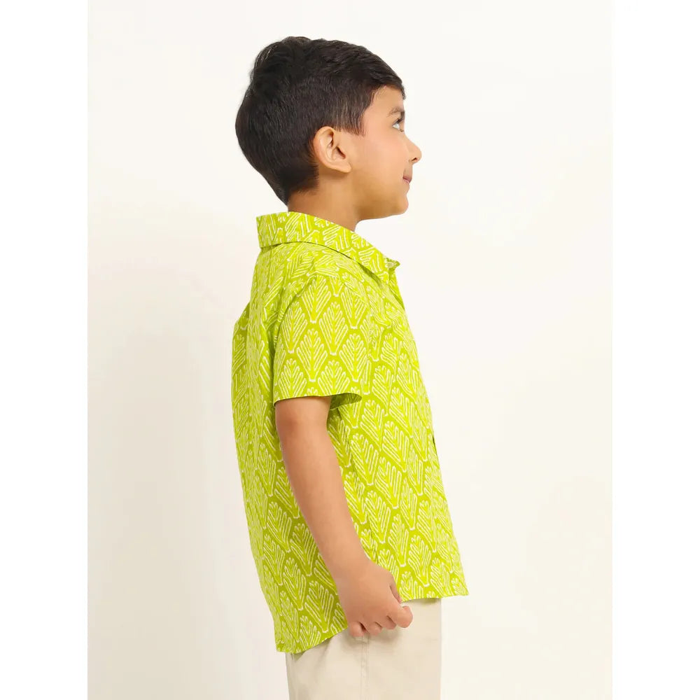 Campana Yuki Short Sleeve Cotton Shirt - Leaf Print | Green