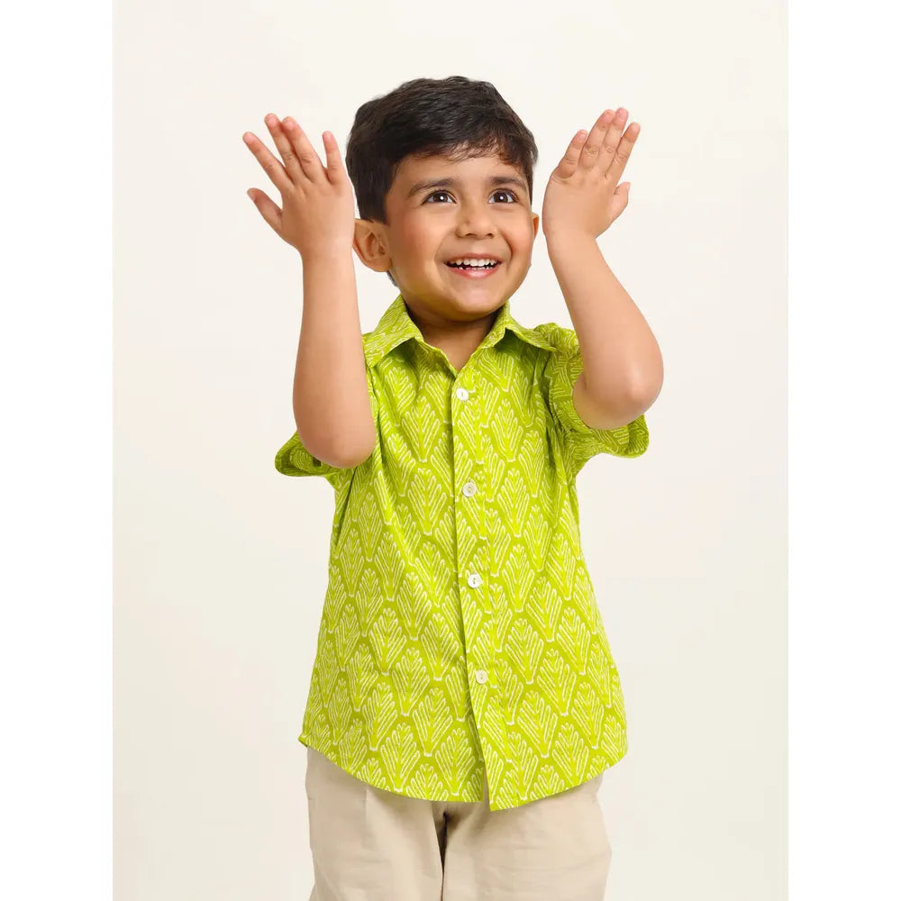 Campana Yuki Short Sleeve Cotton Shirt - Leaf Print | Green