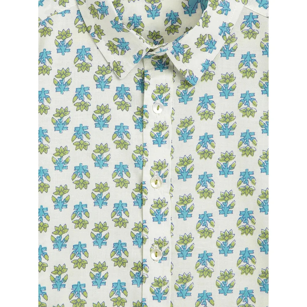 Campana Yuki Short Sleeve Cotton Shirt - Block Print | White, Blue & Green