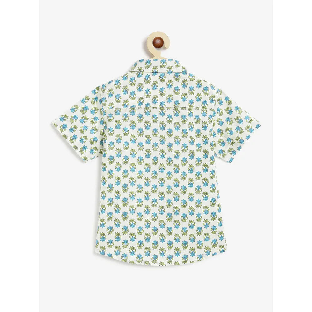 Campana Yuki Short Sleeve Cotton Shirt - Block Print | White, Blue & Green