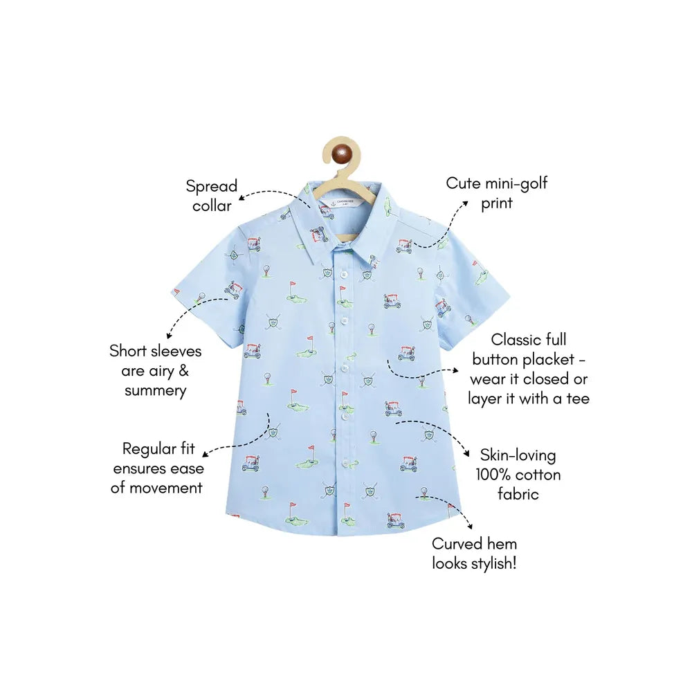 Campana Yuki Short Sleeve Cotton Shirt - Mini Golf Print | Sky Blue