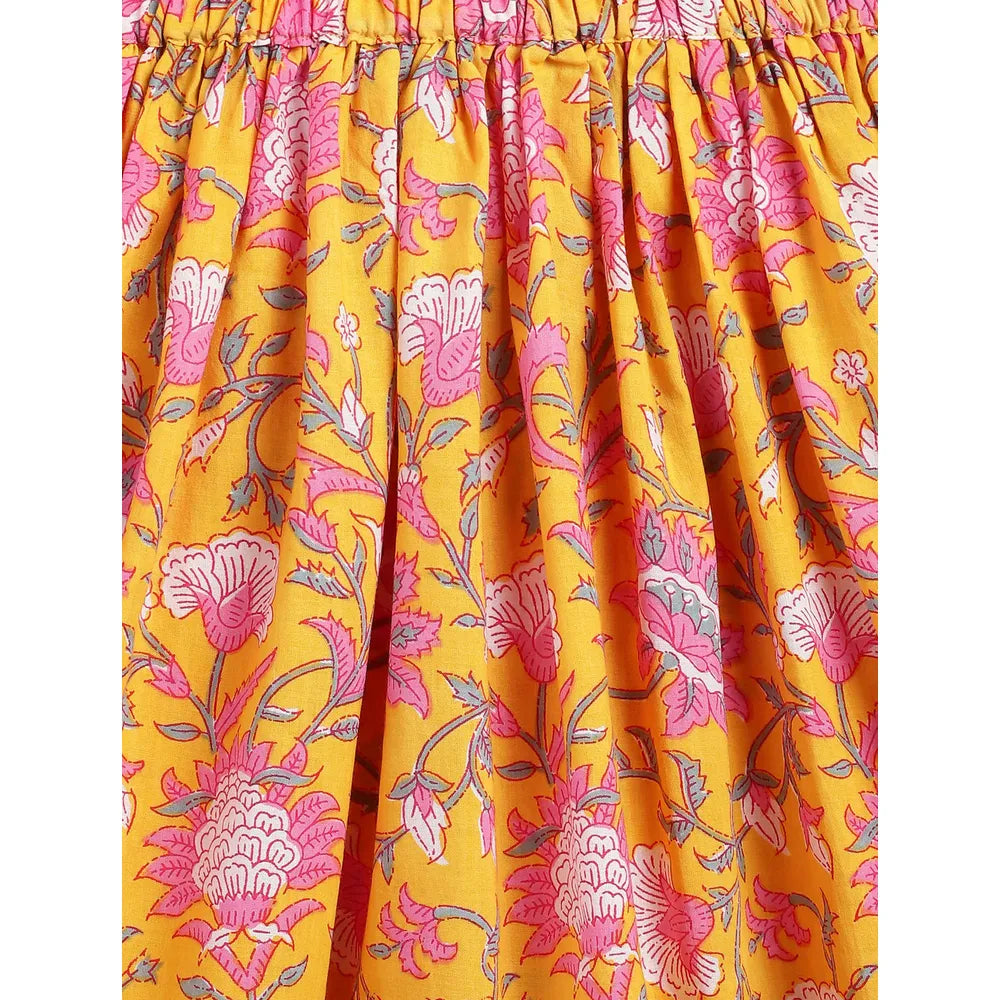Campana Mrinal Papiha Lehenga Choli Set - Floral Print | Yellow & Pink