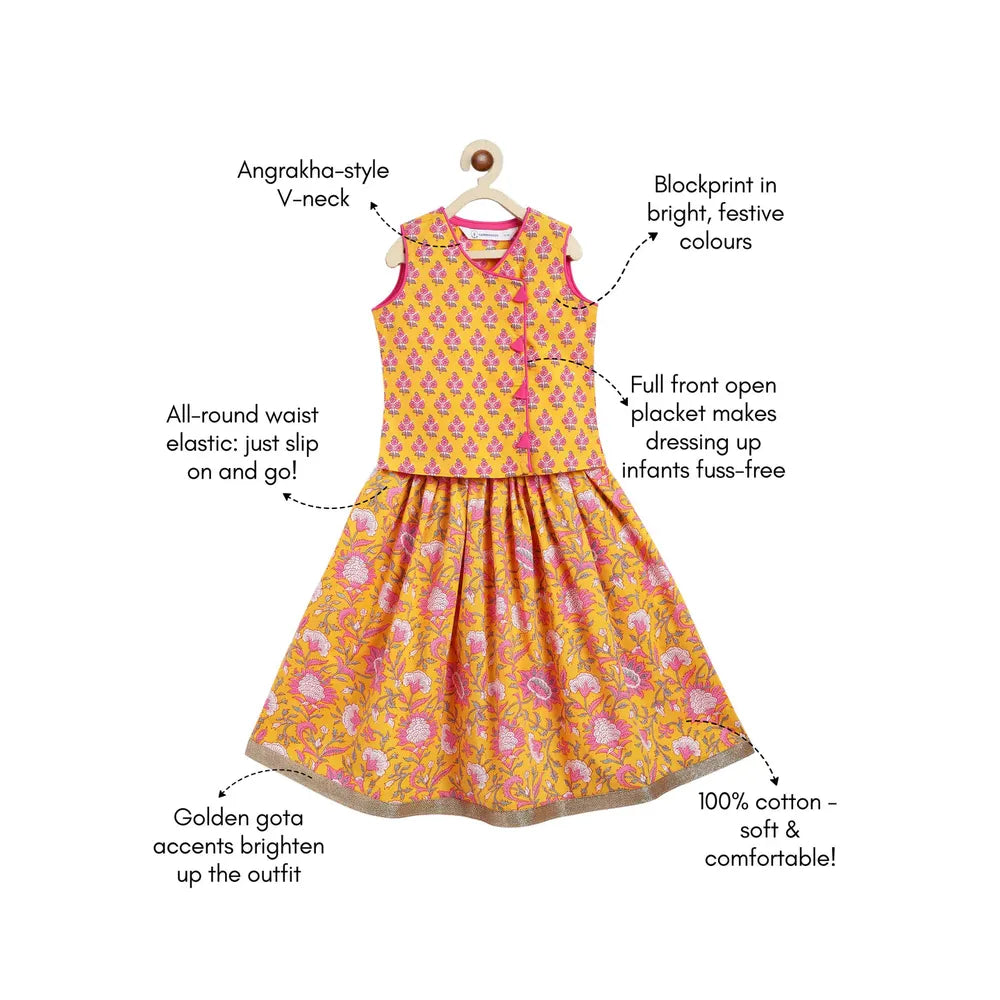 Campana Mrinal Papiha Lehenga Choli Set - Floral Print | Yellow & Pink