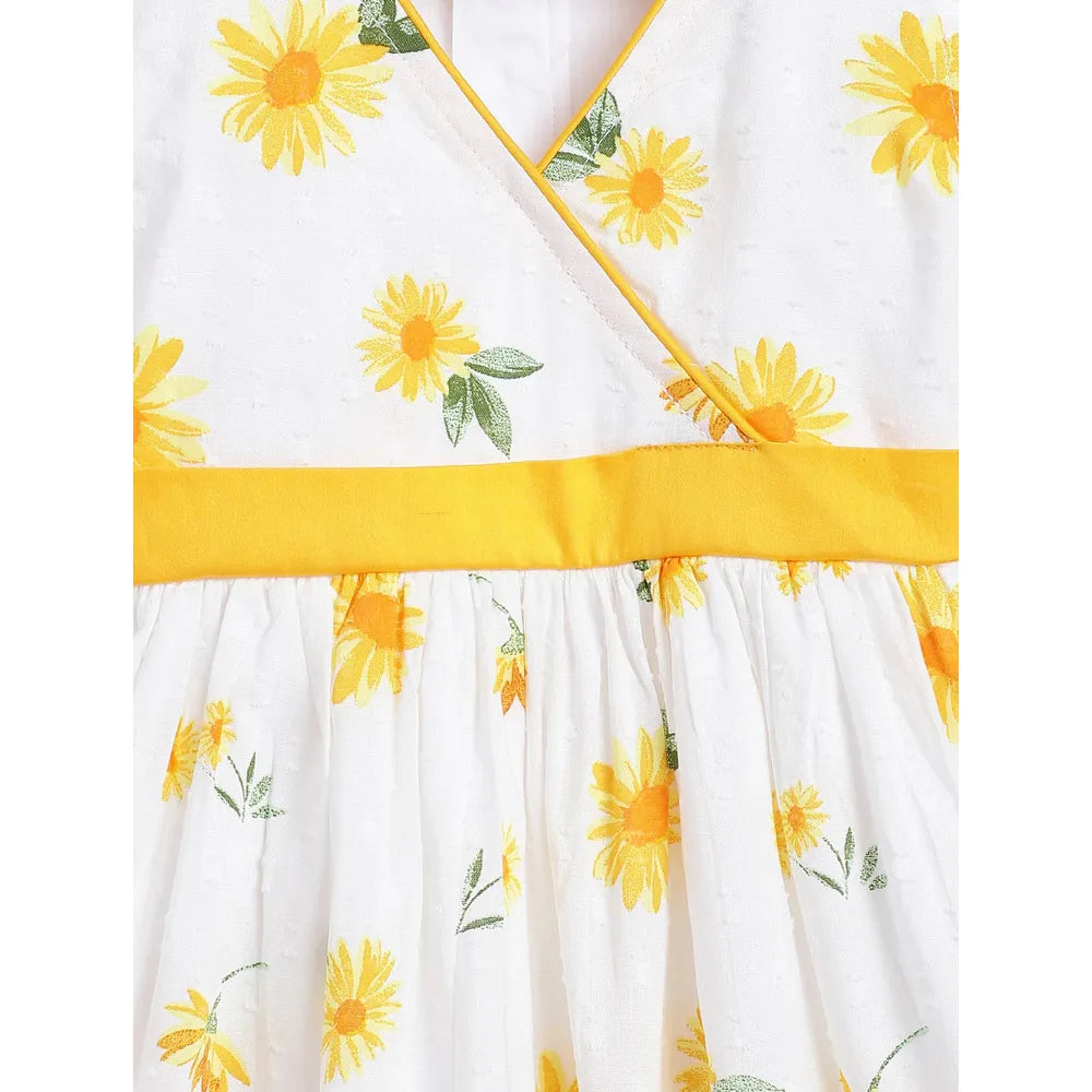 Campana Ruby Crossover Cotton Dress - Sunflower Print | White & Yellow