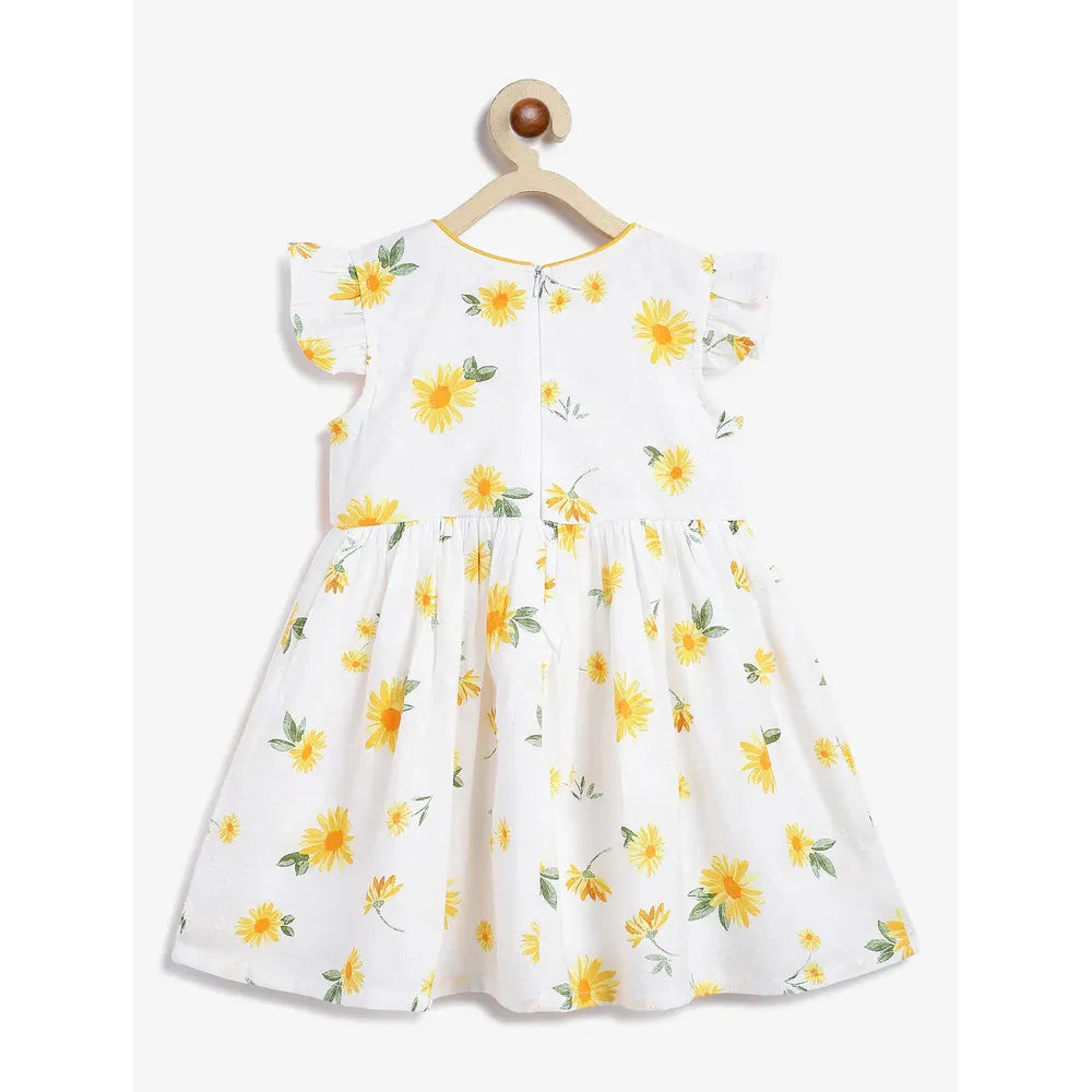 Campana Ruby Crossover Cotton Dress - Sunflower Print | White & Yellow