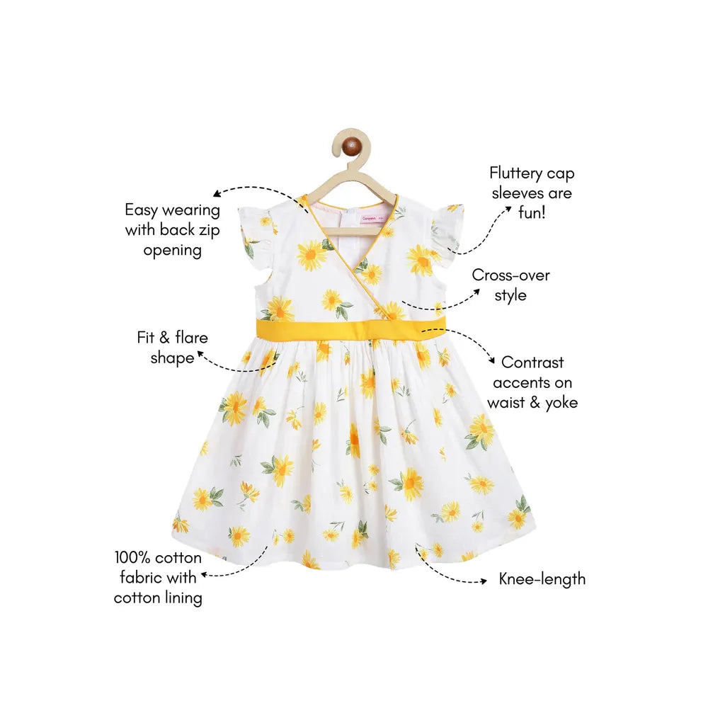 Campana Ruby Crossover Cotton Dress - Sunflower Print | White & Yellow