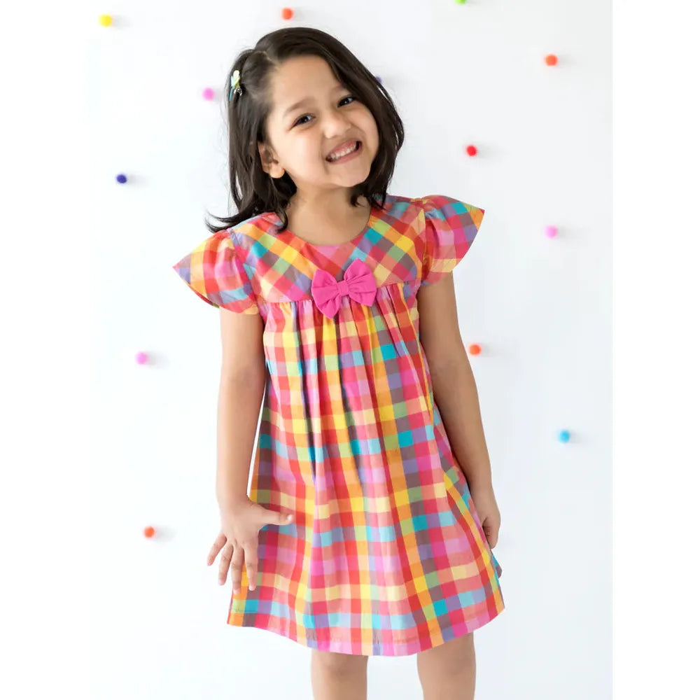 Campana Suzy Dress with Bow for Girls - Rainbow Check Point | Multicolor
