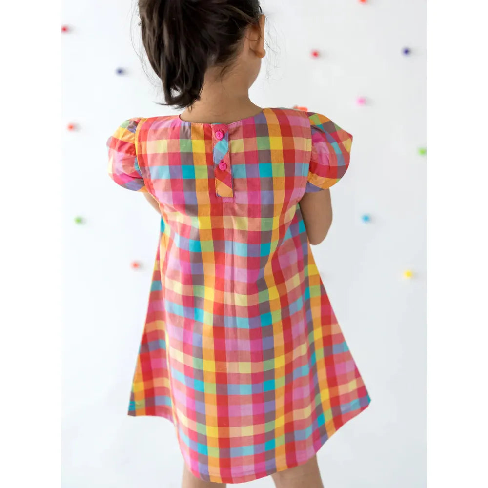 Campana Suzy Dress with Bow for Girls - Rainbow Check Point | Multicolor
