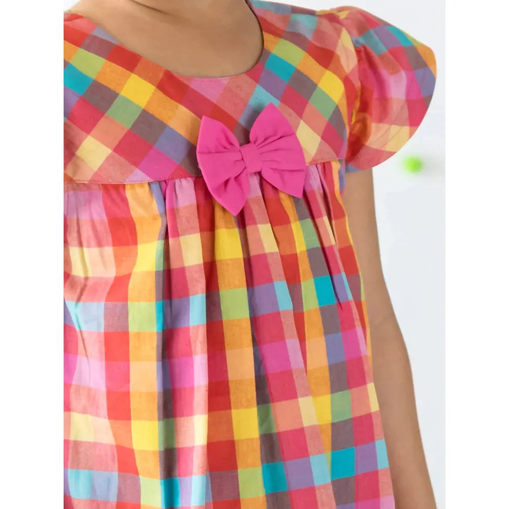 Campana Suzy Dress with Bow for Girls - Rainbow Check Point | Multicolor