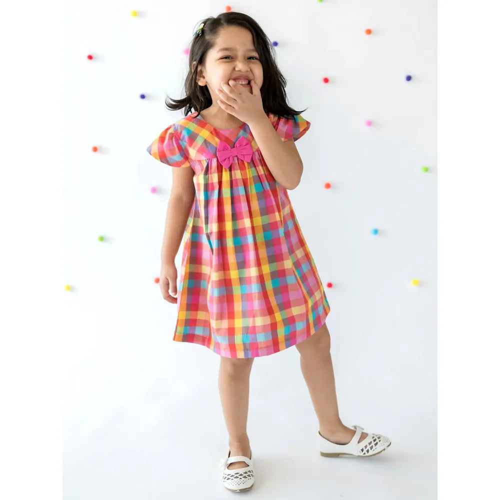 Campana Suzy Dress with Bow for Girls - Rainbow Check Point | Multicolor