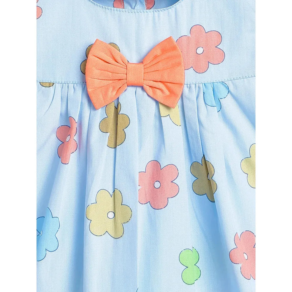 Campana Suzy Floral Print Cotton Dress with Bow | Sky Blue & Peach