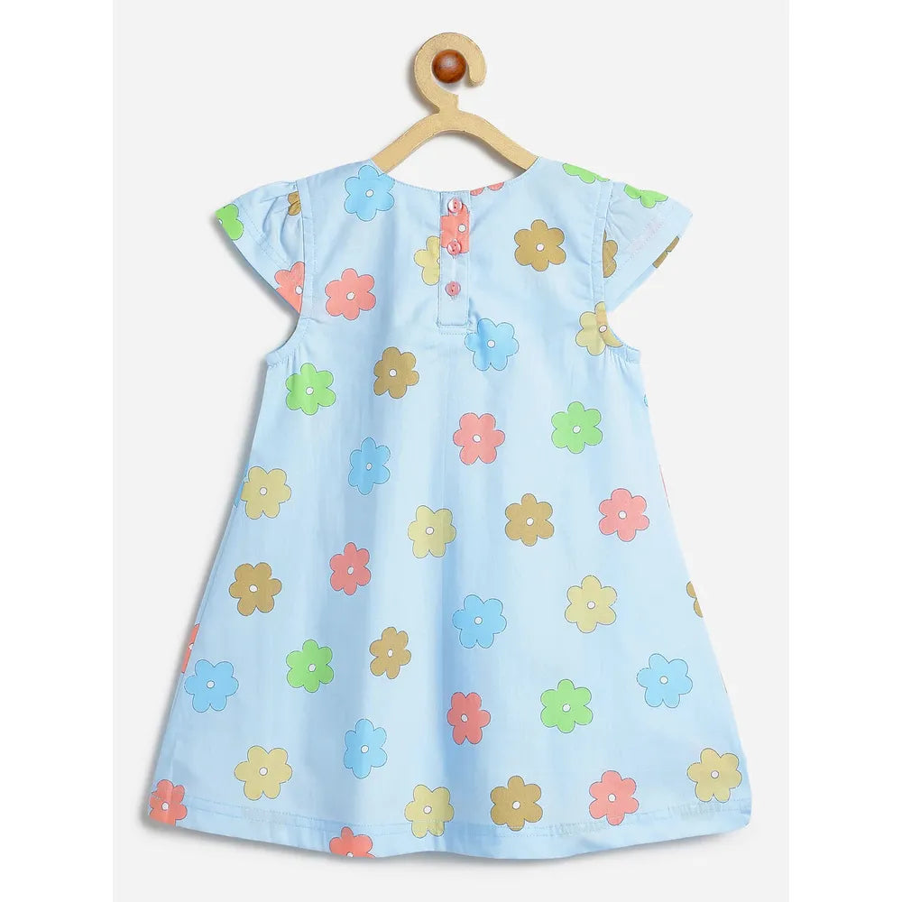 Campana Suzy Floral Print Cotton Dress with Bow | Sky Blue & Peach
