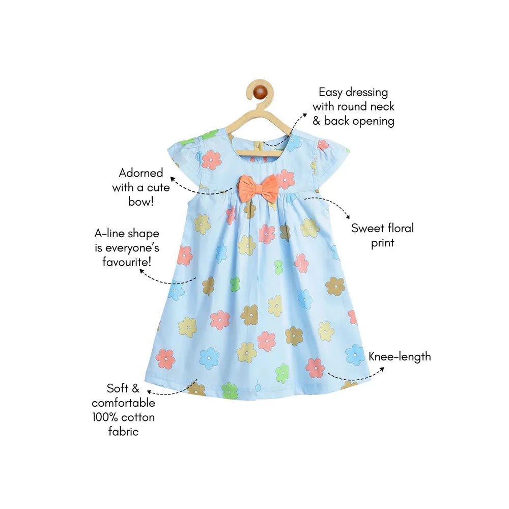 Campana Suzy Floral Print Cotton Dress with Bow | Sky Blue & Peach