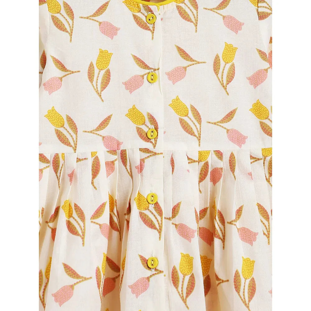 Campana Asmi Pure Cotton Floral Print Kurta with Dhoti Pants Set | White & Pink