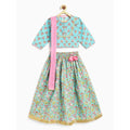 Campana Koel Lehenga Set - Flower Bud Print | Sky Blue & Pink