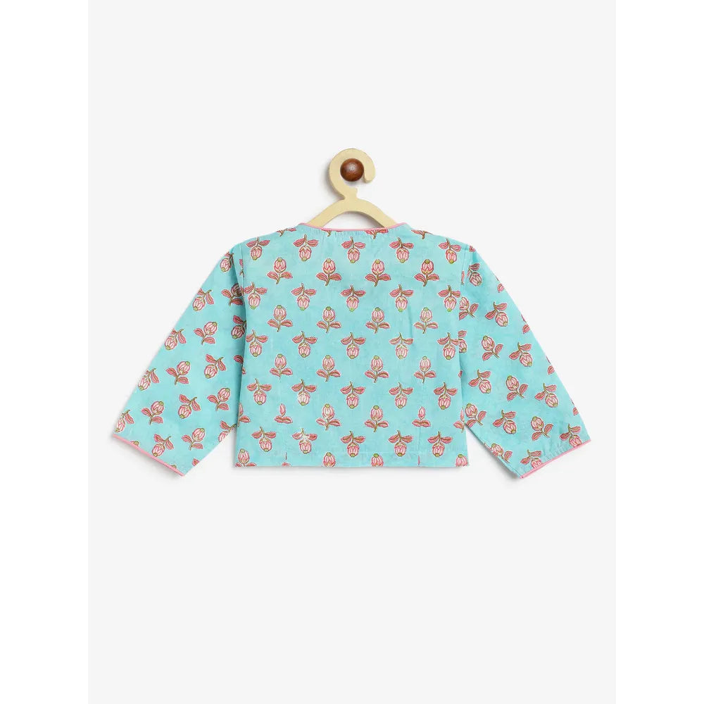 Campana Koel Lehenga Set - Flower Bud Print | Sky Blue & Pink