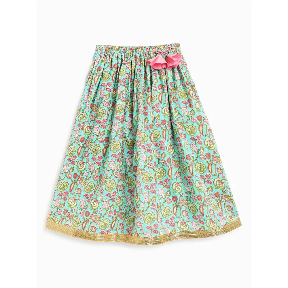 Campana Koel Lehenga Set - Flower Bud Print | Sky Blue & Pink