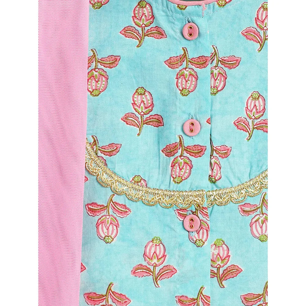 Campana Koel Lehenga Set - Flower Bud Print | Sky Blue & Pink