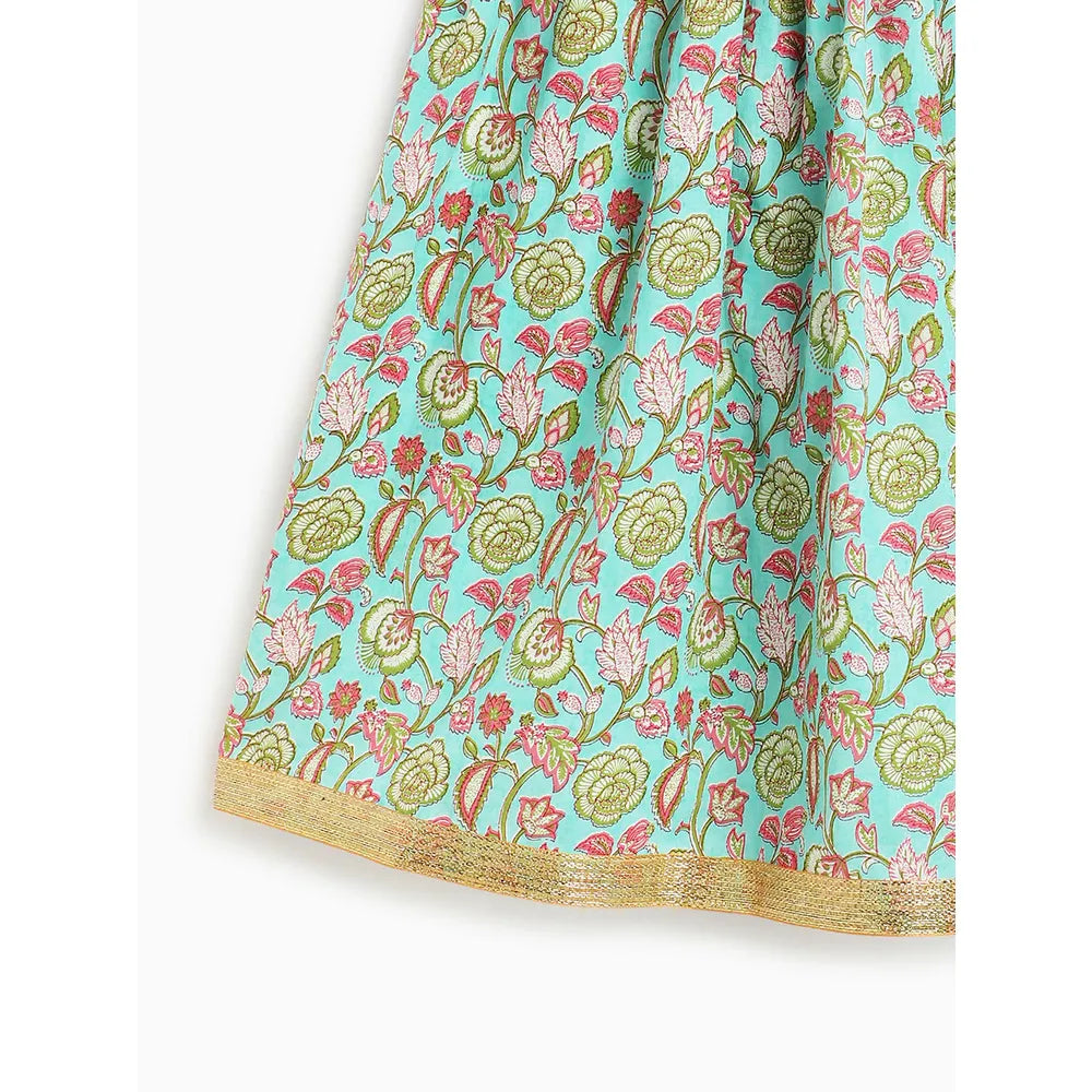 Campana Koel Lehenga Set - Flower Bud Print | Sky Blue & Pink