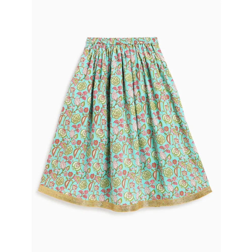 Campana Koel Lehenga Set - Flower Bud Print | Sky Blue & Pink