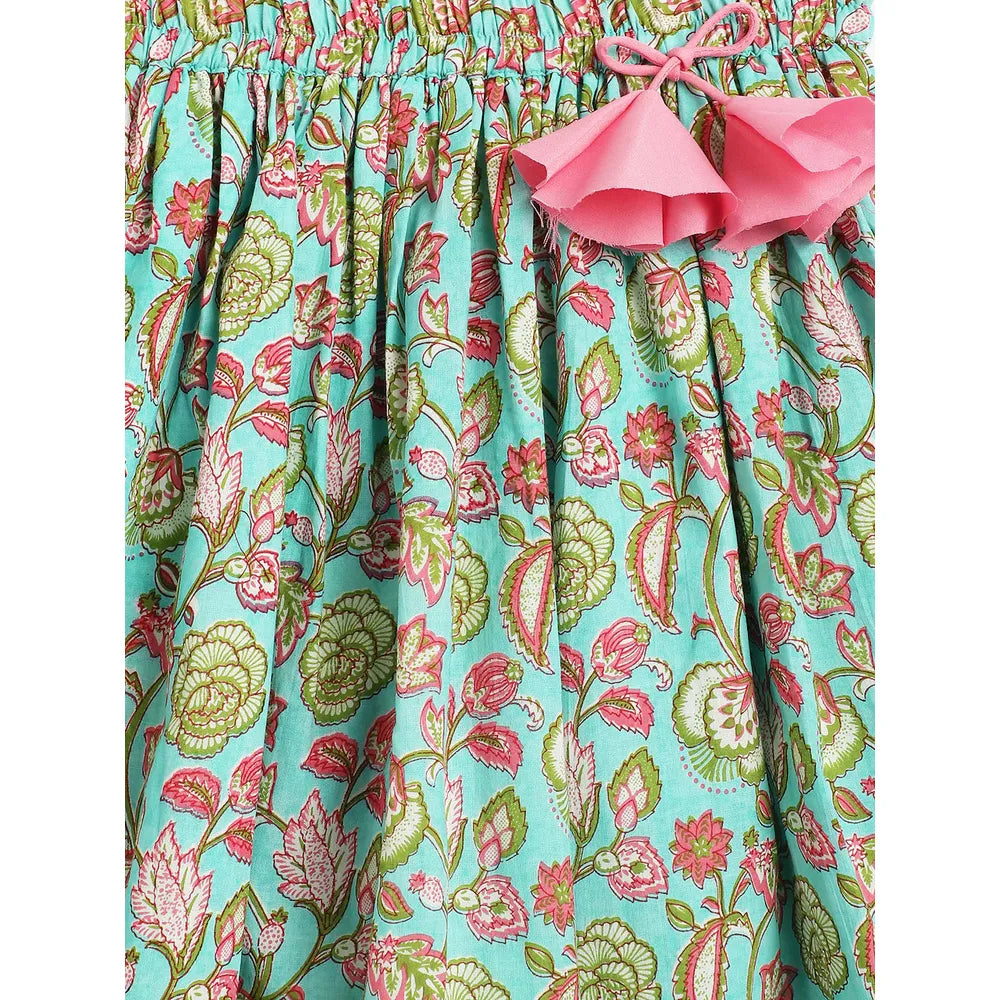 Campana Koel Lehenga Set - Flower Bud Print | Sky Blue & Pink