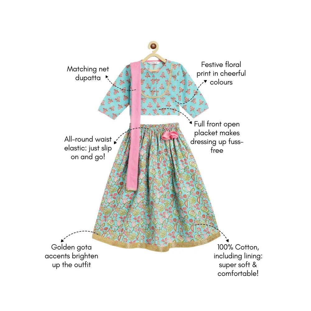 Campana Koel Lehenga Set - Flower Bud Print | Sky Blue & Pink